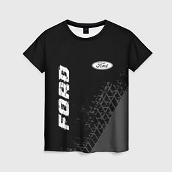 Женская футболка Ford speed на темном фоне со следами шин: надпись,