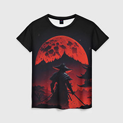Женская футболка Самурай, деревня и луна - мрачный