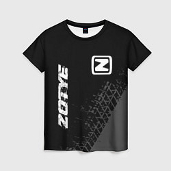 Женская футболка Zotye speed на темном фоне со следами шин: надпись