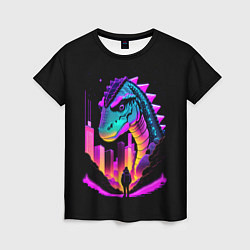 Женская футболка Динозавр в мегаполисе - неоновое свечение
