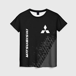 Женская футболка Mitsubishi speed на темном фоне со следами шин: на