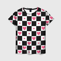Женская футболка Розовые сердечки на фоне шахматной черно-белой дос