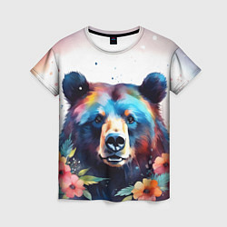 Женская футболка Портрет медведя гризли с цветами акварелью