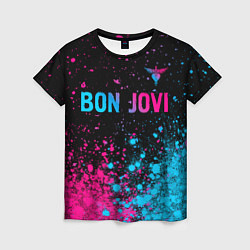 Женская футболка Bon Jovi - neon gradient: символ сверху