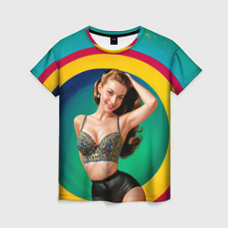 Женская футболка Девушка в красочном расшитом топе на фоне цветных