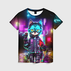 Женская футболка Cool kitten - cyberpunk - neon glow