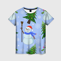 Женская футболка Снеговики с новогодними елками паттерн