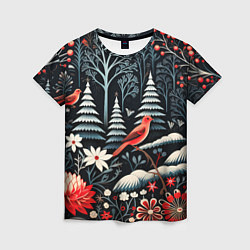 Женская футболка Новогодний лес и птицы