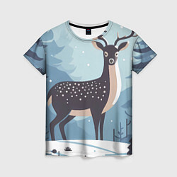 Женская футболка Зимняя сказка олень в лесу