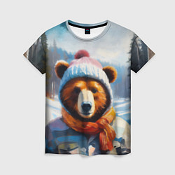 Футболка женская Бурый медведь в зимней одежде, цвет: 3D-принт
