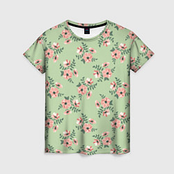 Женская футболка Паттерн с розовыми цветами на бледно-зеленом