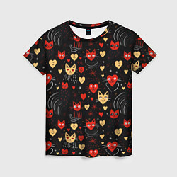 Женская футболка Паттерн с сердечками и котами валентинка