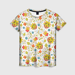 Женская футболка Хохломская роспись разноцветные цветы на белом фон