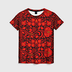 Женская футболка Хохломская роспись красные цветы и ягоды на чёрном