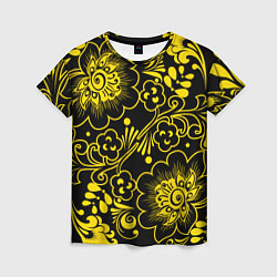 Женская футболка Хохломская роспись золотые цветы на чёроном фоне