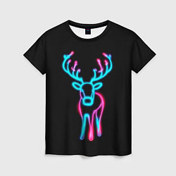 Женская футболка Неоновый олень на чёрном фоне