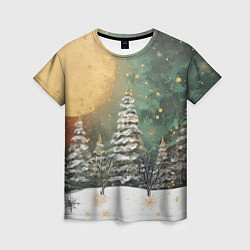 Женская футболка Большая луна и новогодний лес