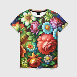 Женская футболка Жостово роспись цветы традиционный узор