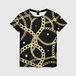 Женская футболка Золотые цепи на черном - ювелирные украшения патте