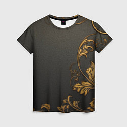 Женская футболка Объемные золотые узоры на черной ткани лепнина