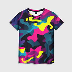 Женская футболка Кислотная яркая абстракция в камуфляжном стиле