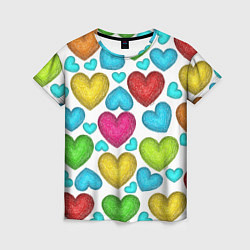 Женская футболка Сердца нарисованные цветными карандашами
