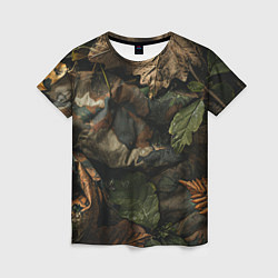 Женская футболка Реалистичный охотничий камуфляж из ткани и листьев