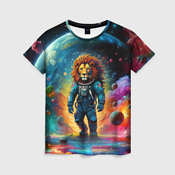 Женская футболка Лев космонавт в неоновом космическом пространстве