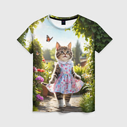 Футболка женская Кошка в летнем платье в саду, цвет: 3D-принт
