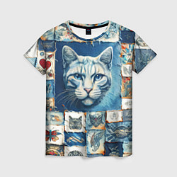 Женская футболка Кошка на дениме - пэчворк