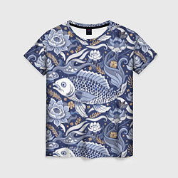 Женская футболка Рыба карп - синий корейский узор