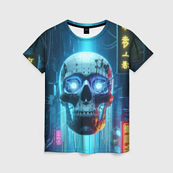 Женская футболка Cyber skull - neon glow ai art