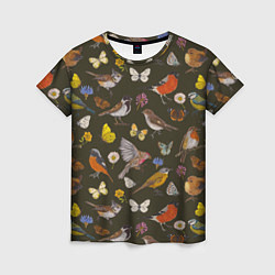 Женская футболка Птицы и бабочки с цветами паттерн