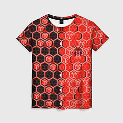 Футболка женская Техно-киберпанк шестиугольники красный и чёрный с, цвет: 3D-принт
