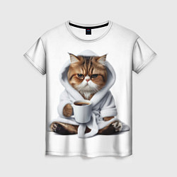 Женская футболка Котик в халате и кофе