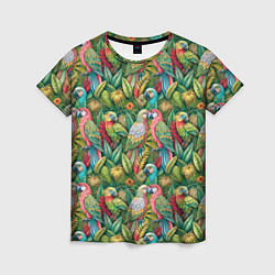 Женская футболка Влюбленные попугаи в листьях
