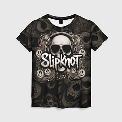 Футболка женская Slipknot на фоне черепа в очках и наушниках, цвет: 3D-принт