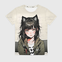 Женская футболка Девушка-кошка в болотной толстовке