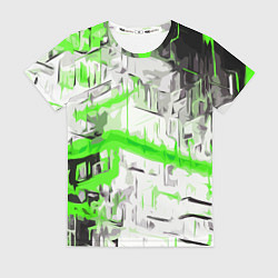 Футболка женская Бело-зелёная абстракция на чёрном фоне, цвет: 3D-принт