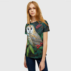 Футболка женская Сипуха среди листьев и ягод, цвет: 3D-принт — фото 2