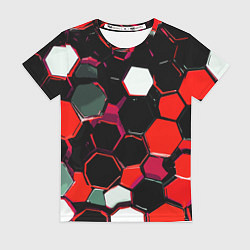 Женская футболка Красно-белые шестиугольники на чёрном фоне