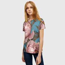 Футболка женская Розовые пионы на голубом, цвет: 3D-принт — фото 2