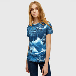 Футболка женская Пальмы и волны - голубые оттенки паттерн, цвет: 3D-принт — фото 2