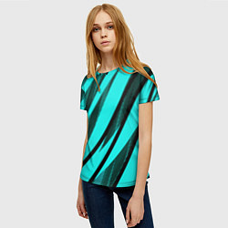 Футболка женская Неоновый голубой с чёрным абстракция с полосами, цвет: 3D-принт — фото 2