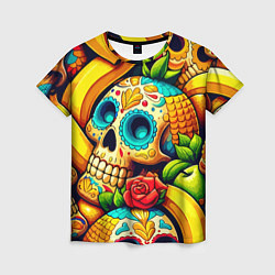 Женская футболка Colorfull skulls and bananas - pop art pattern