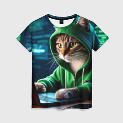 Футболка женская Котенок хакер за ноутбуком, цвет: 3D-принт