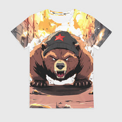 Женская футболка Злой русский медведь с пилоткой на голове