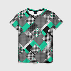 Футболка женская Черно бирюзовая абстрактная геометрия пэчворк, цвет: 3D-принт
