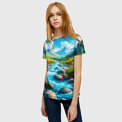 Футболка женская Пейзаж художественный горы речка камни, цвет: 3D-принт — фото 2