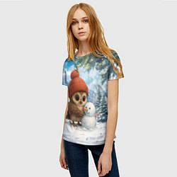 Футболка женская Совушка в шапочке лепит снеговика, цвет: 3D-принт — фото 2